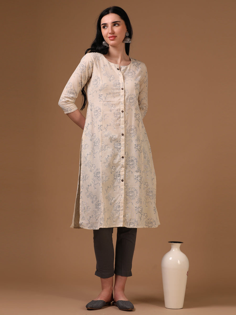 Cream 3/4th Regular Sleeve Abstract Floral Print A-Line Kurta