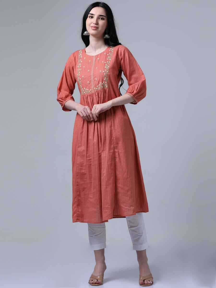 Orange 3/4th Puff Sleeve Floral Dobby Print Flared Kurta