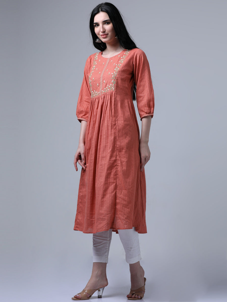 Orange 3/4th Puff Sleeve Floral Dobby Print Flared Kurta