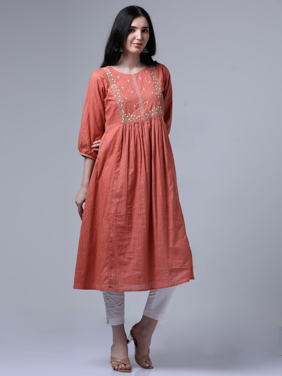 Orange 3/4th Puff Sleeve Floral Dobby Print Flared Kurta