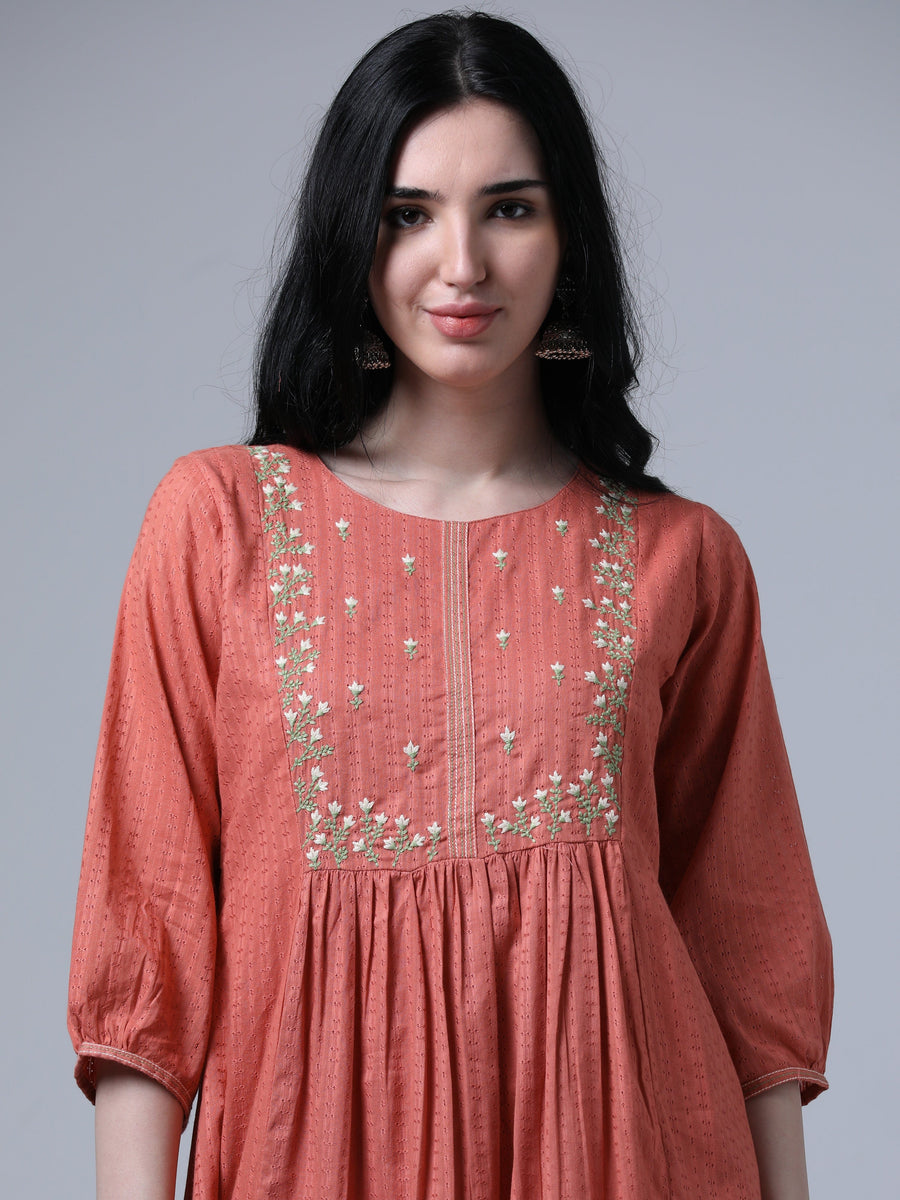 Orange 3/4th Puff Sleeve Floral Dobby Print Flared Kurta