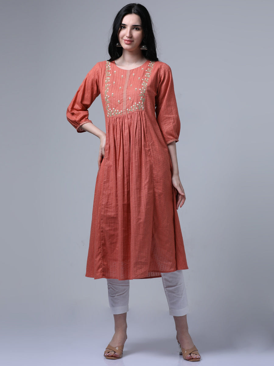 Orange 3/4th Puff Sleeve Floral Dobby Print Flared Kurta