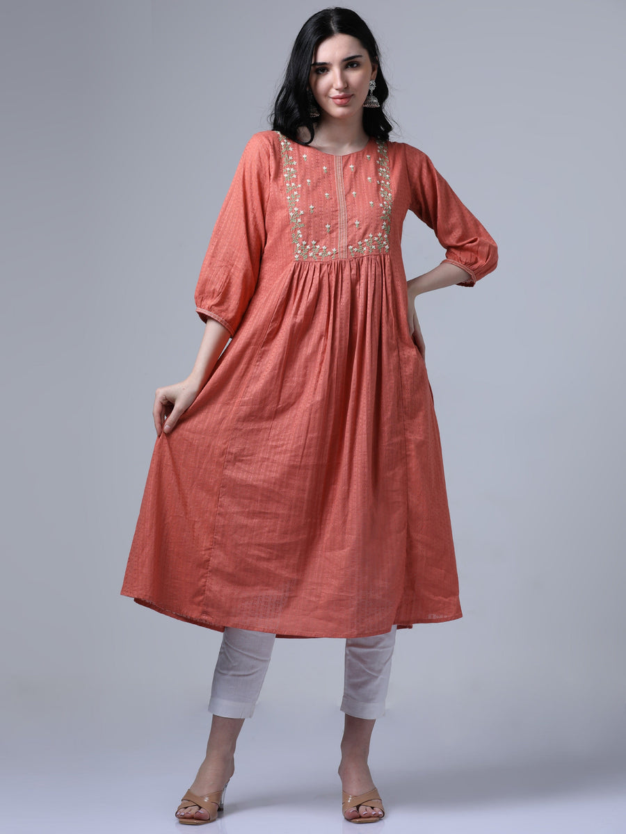 Orange 3/4th Puff Sleeve Floral Dobby Print Flared Kurta