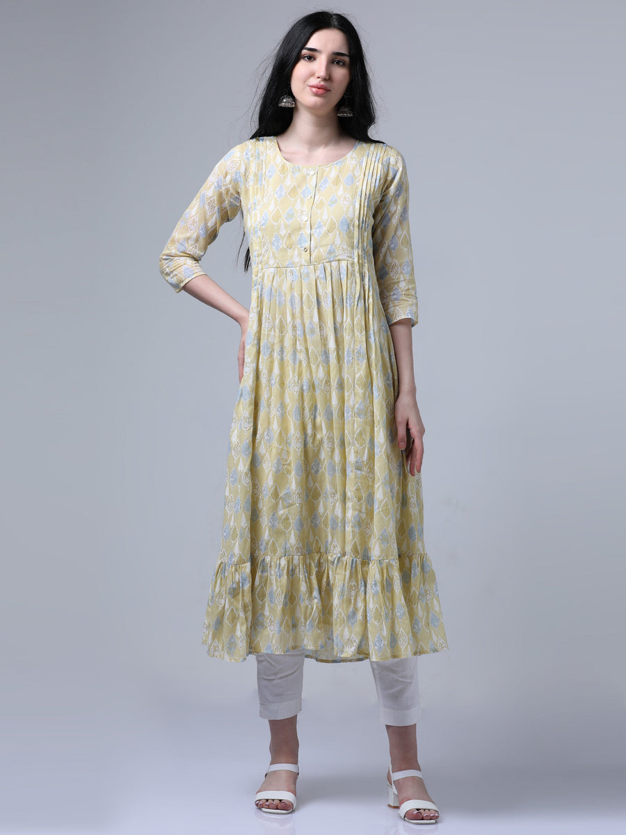 Light Mustard 3/4th Regualr Sleeve Flared Dress