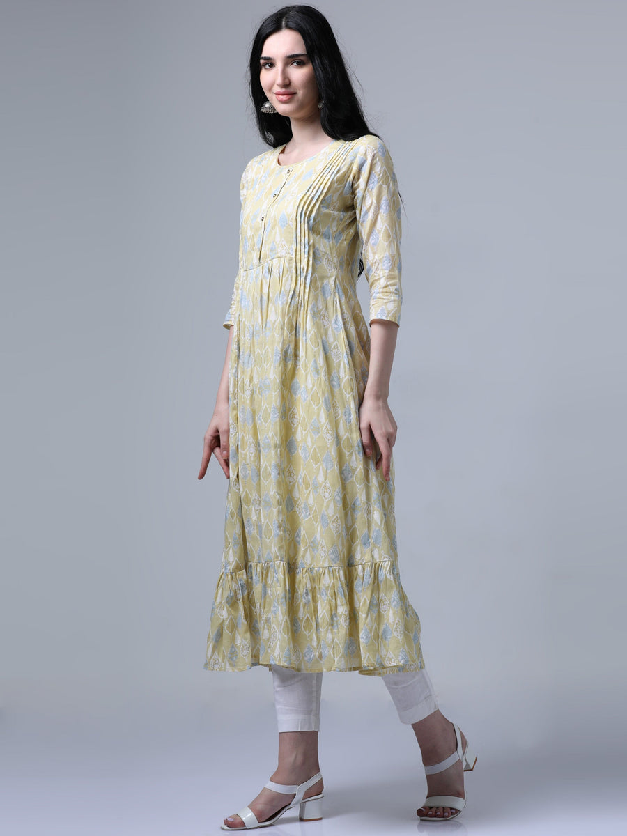 Light Mustard 3/4th Regualr Sleeve Flared Dress