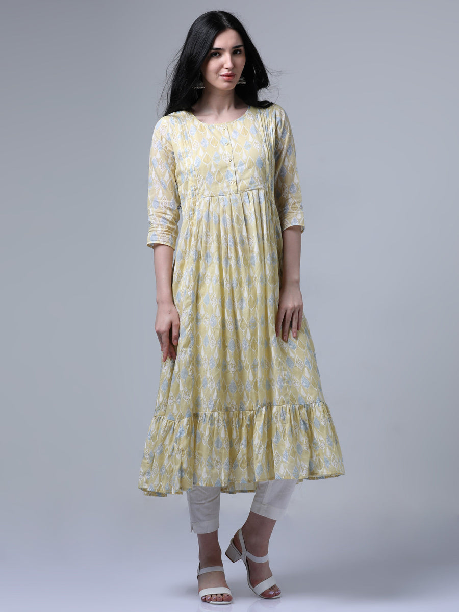 Light Mustard 3/4th Regualr Sleeve Flared Dress