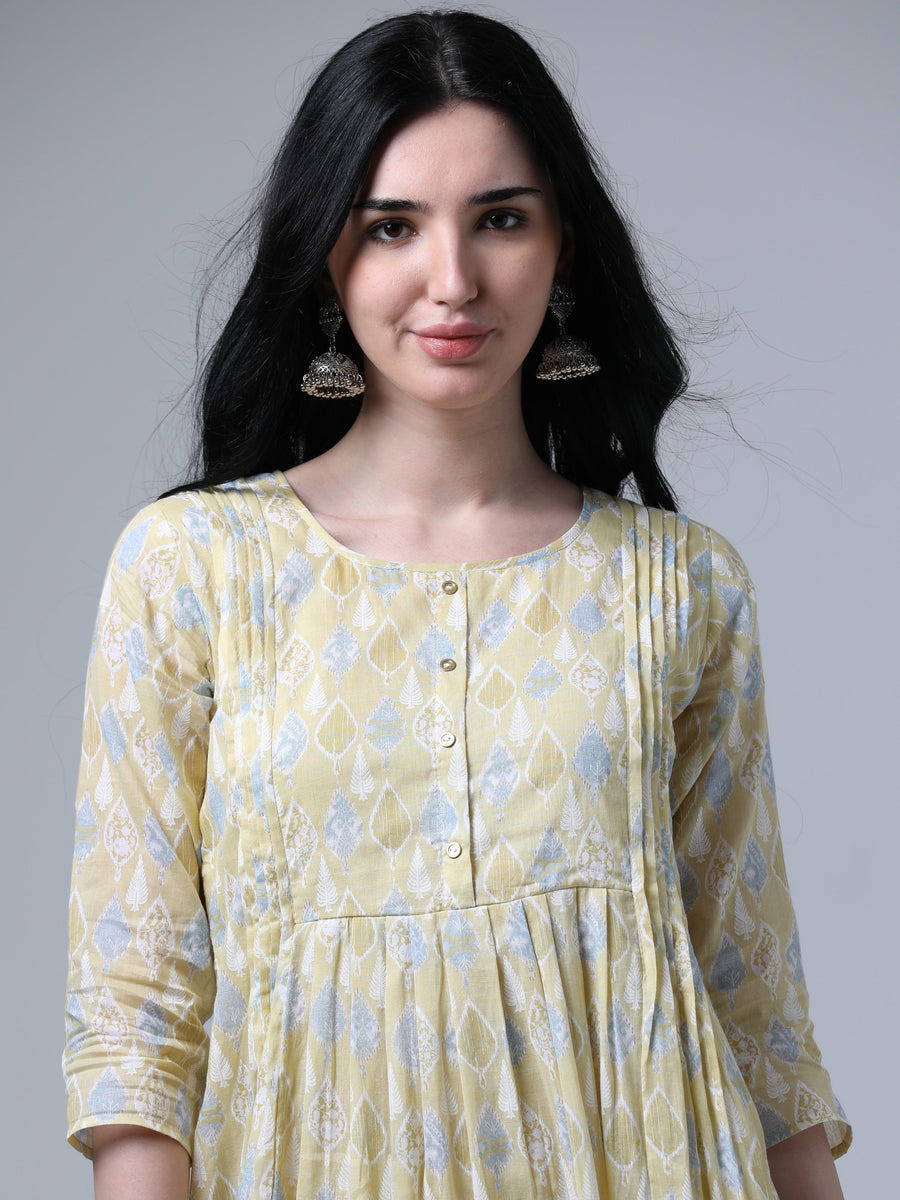 Light Mustard 3/4th Regualr Sleeve Flared Dress