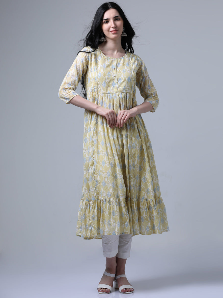 Light Mustard 3/4th Regualr Sleeve Flared Dress