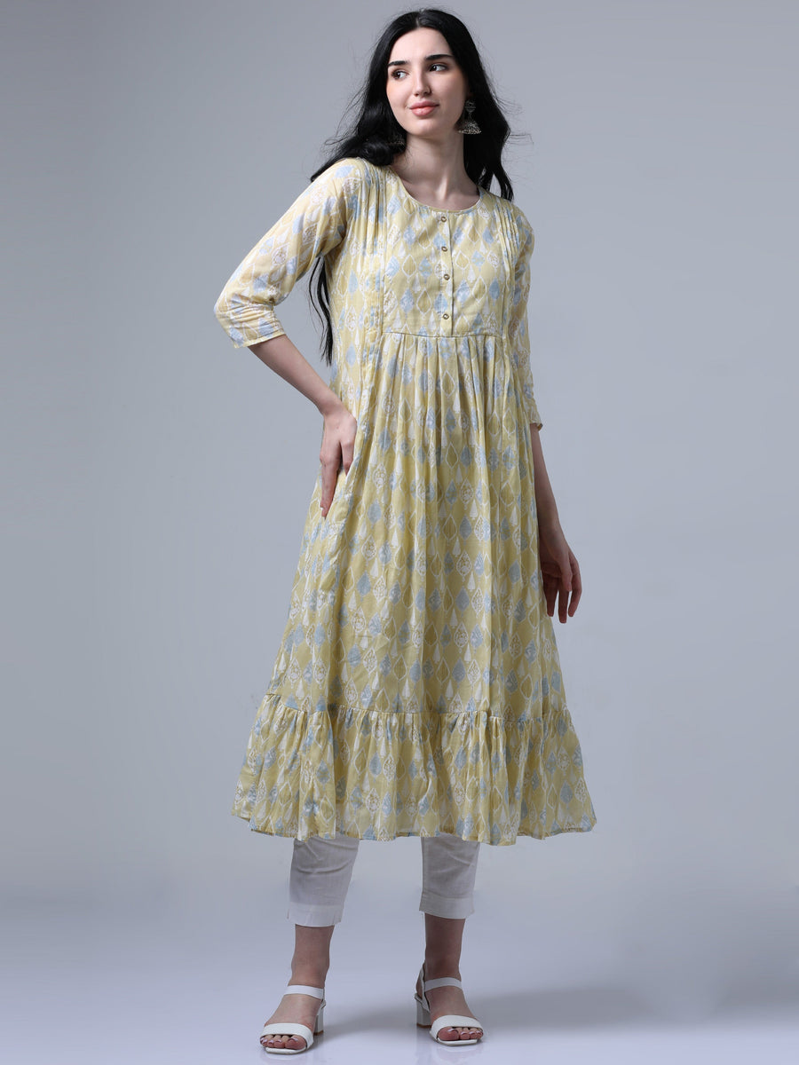 Light Mustard 3/4th Regualr Sleeve Flared Dress