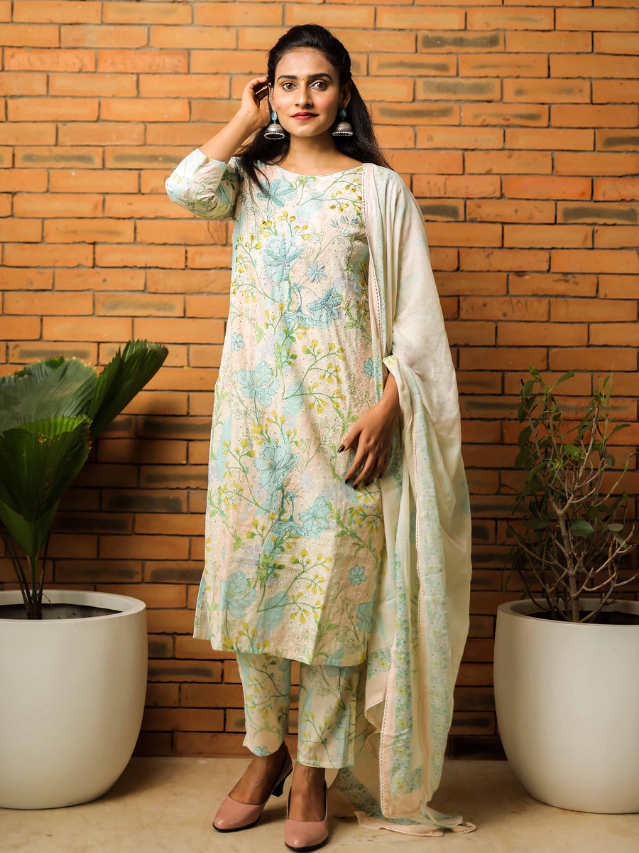 Cream 3/4th Sleeve Kurta Set