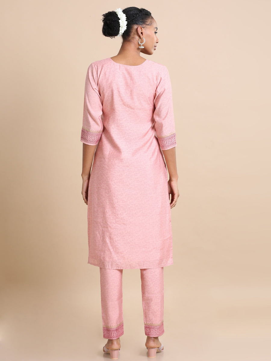 Pink 3/4th sleeves Chanderi silk Block print and thread work Regular fit Calf length Kurta Set - With Dupatta