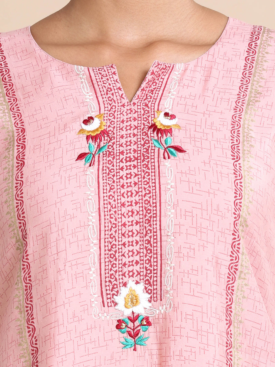 Pink 3/4th sleeves Chanderi silk Block print and thread work Regular fit Calf length Kurta Set - With Dupatta