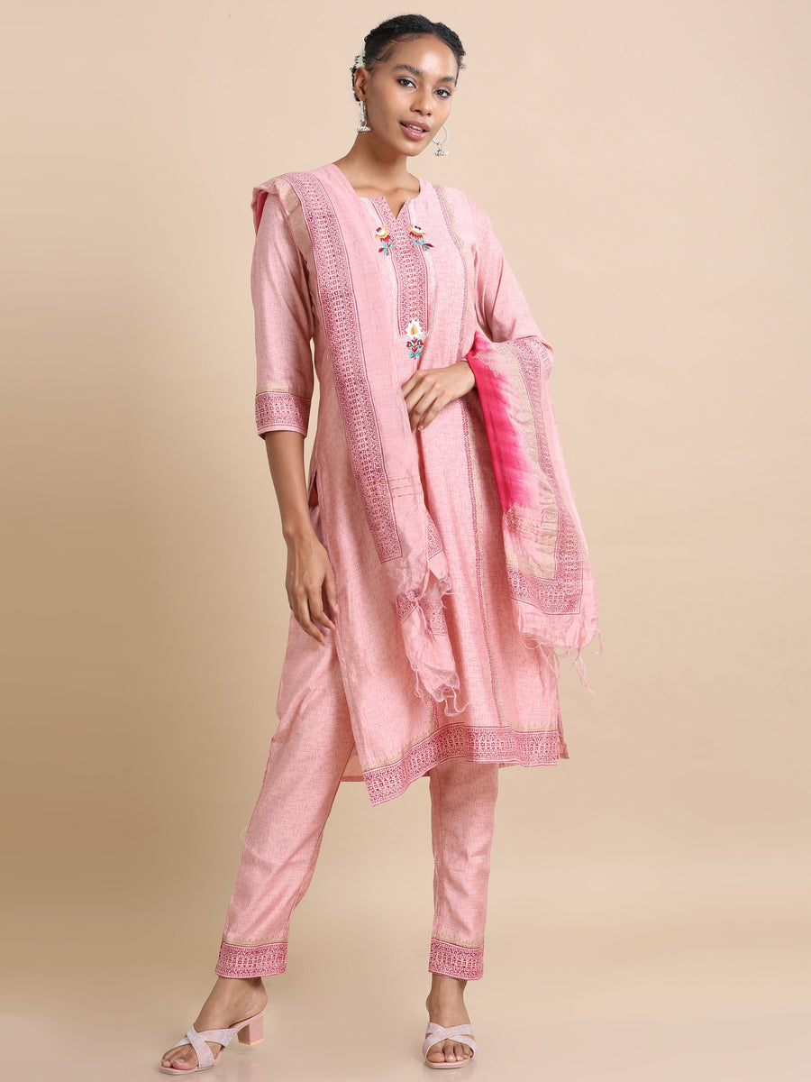 Pink 3/4th sleeves Chanderi silk Block print and thread work Regular fit Calf length Kurta Set - With Dupatta