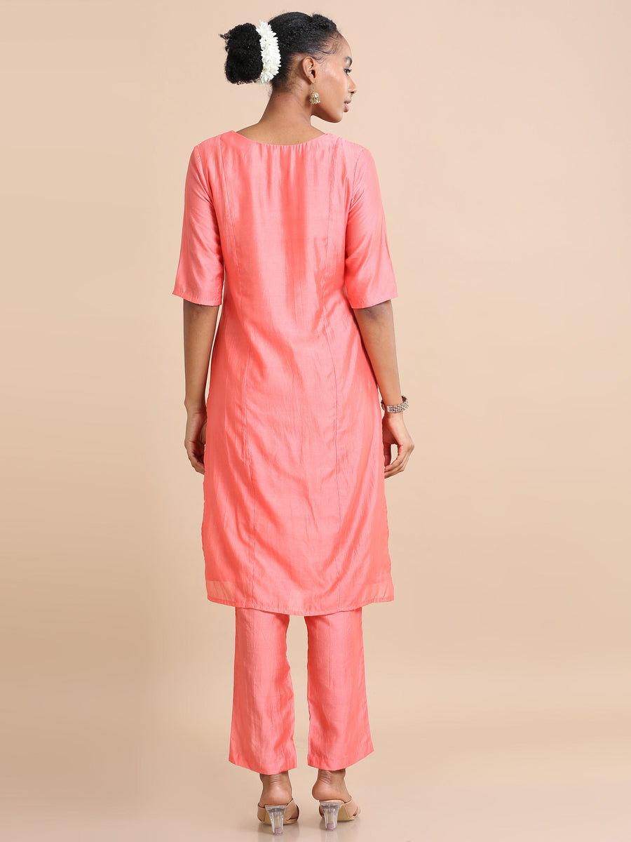 Salmon Elbow sleeves Cotton silk Thread work Regular fit Calf length Kurta Set - With Dupatta