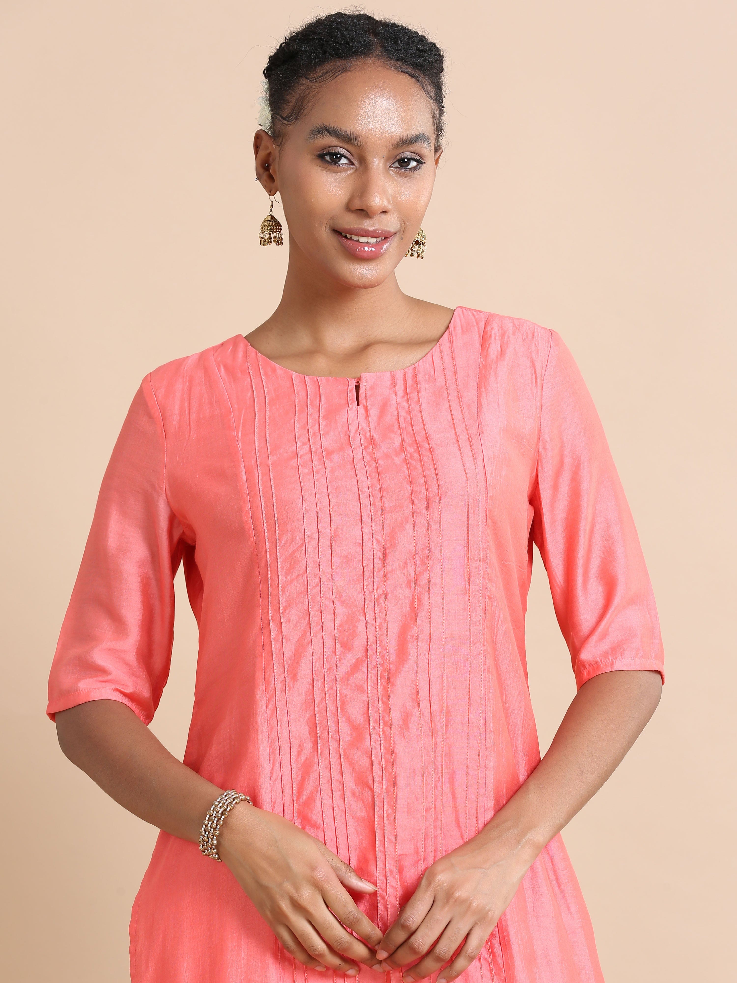 Salmon Elbow sleeves Cotton silk Thread work Regular fit Calf length Kurta Set - With Dupatta