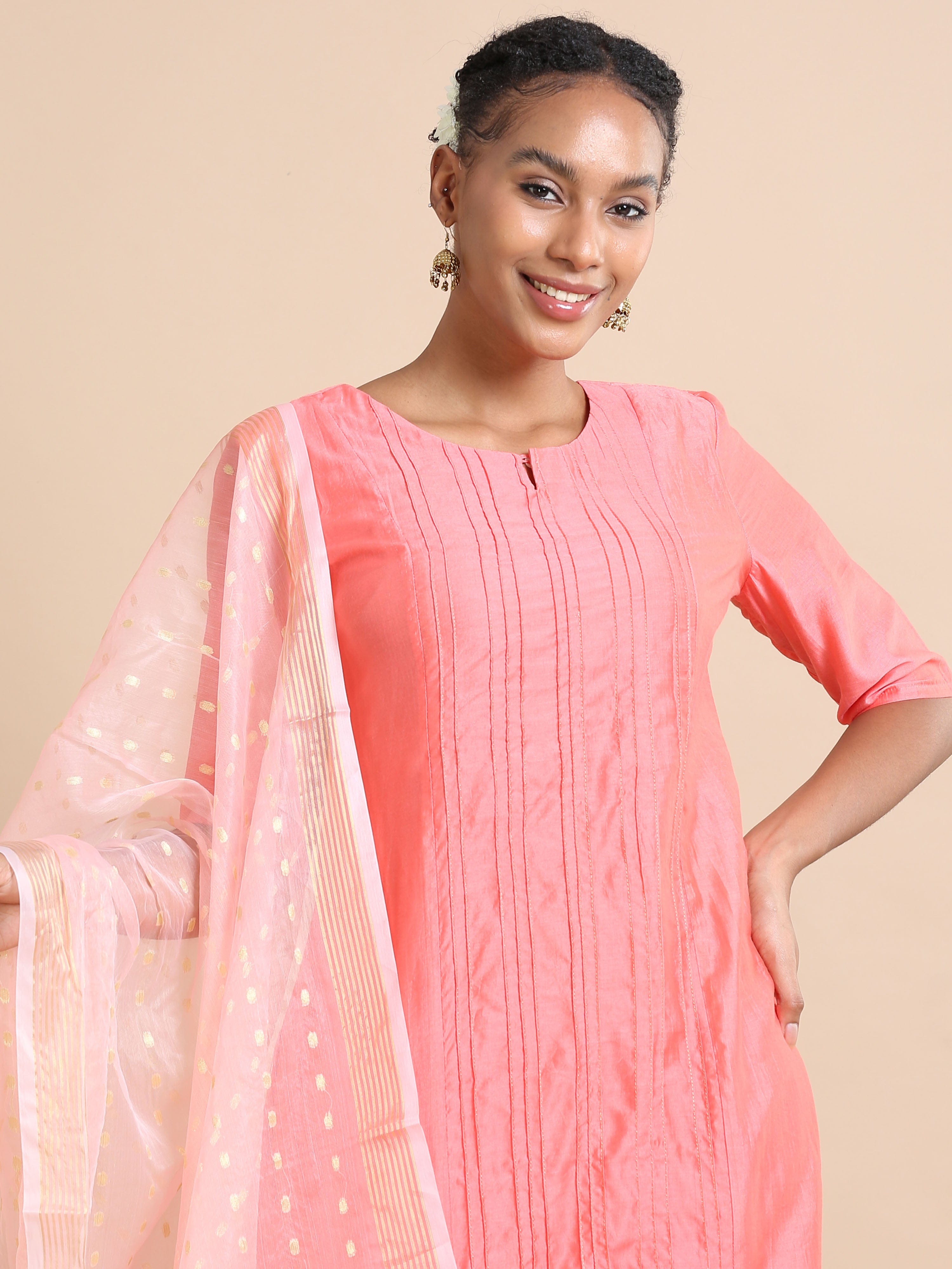 Salmon Elbow sleeves Cotton silk Thread work Regular fit Calf length Kurta Set - With Dupatta