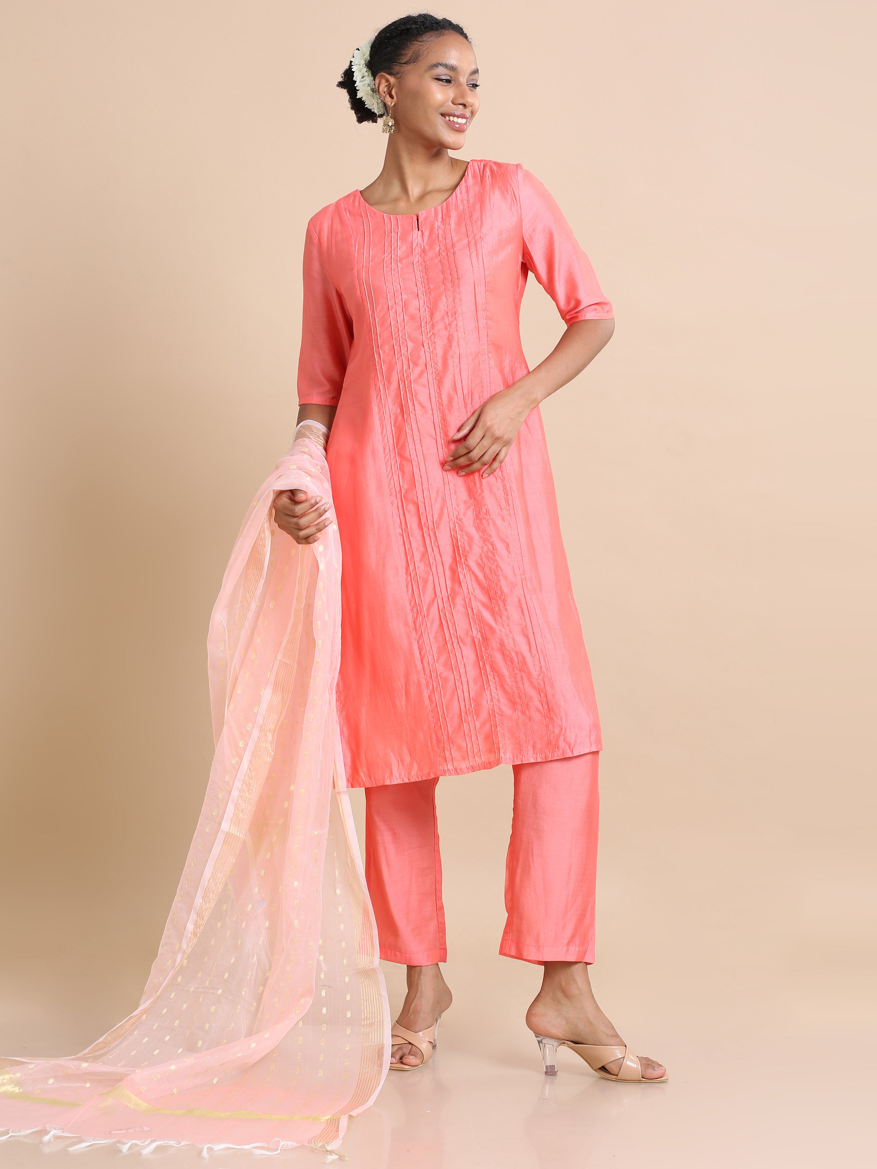 Salmon Elbow sleeves Cotton silk Thread work Regular fit Calf length Kurta Set - With Dupatta