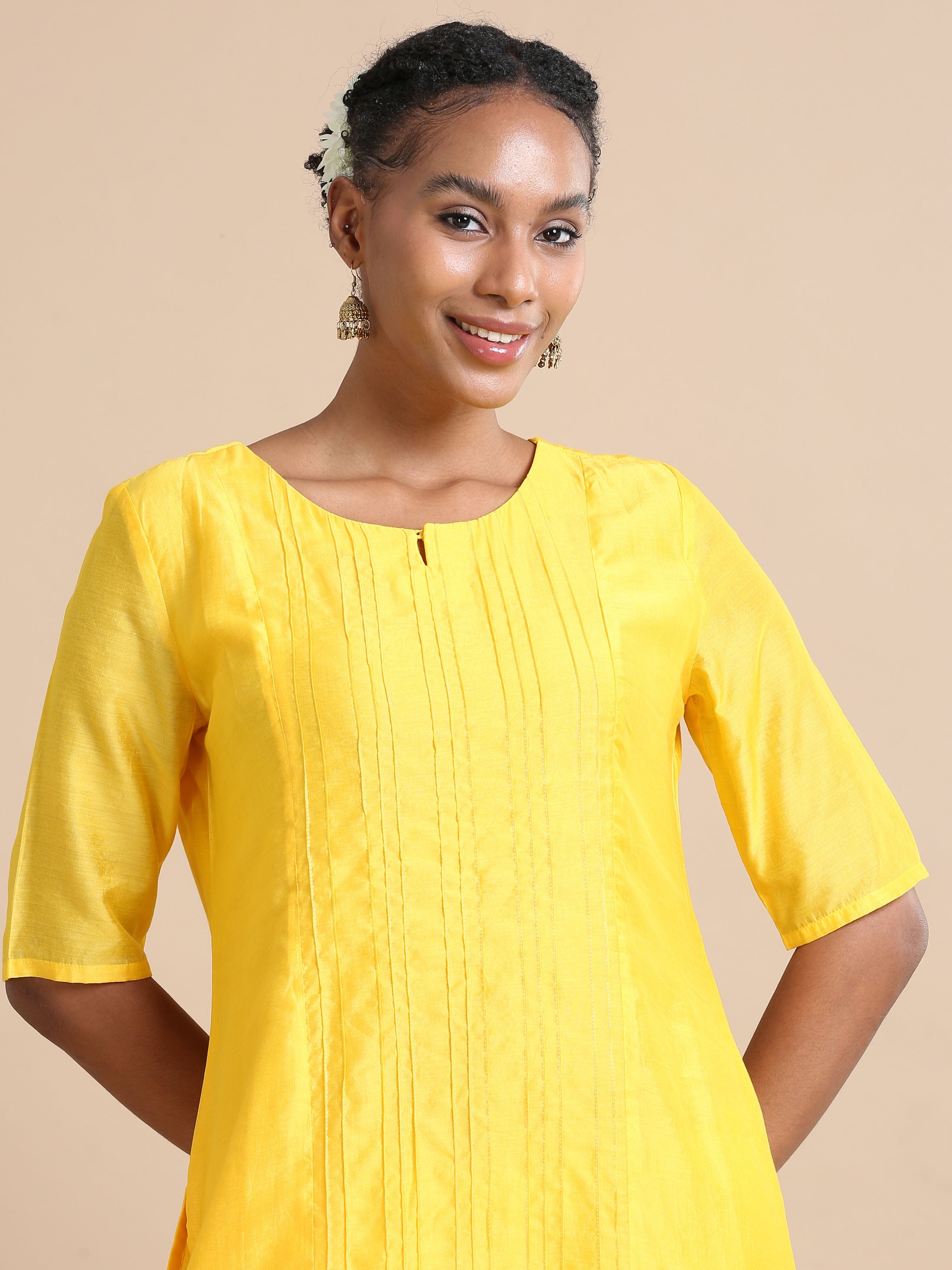 Sunshine Elbow sleeves Cotton silk Thread work Regular fit Calf length Kurta Set - With Dupatta