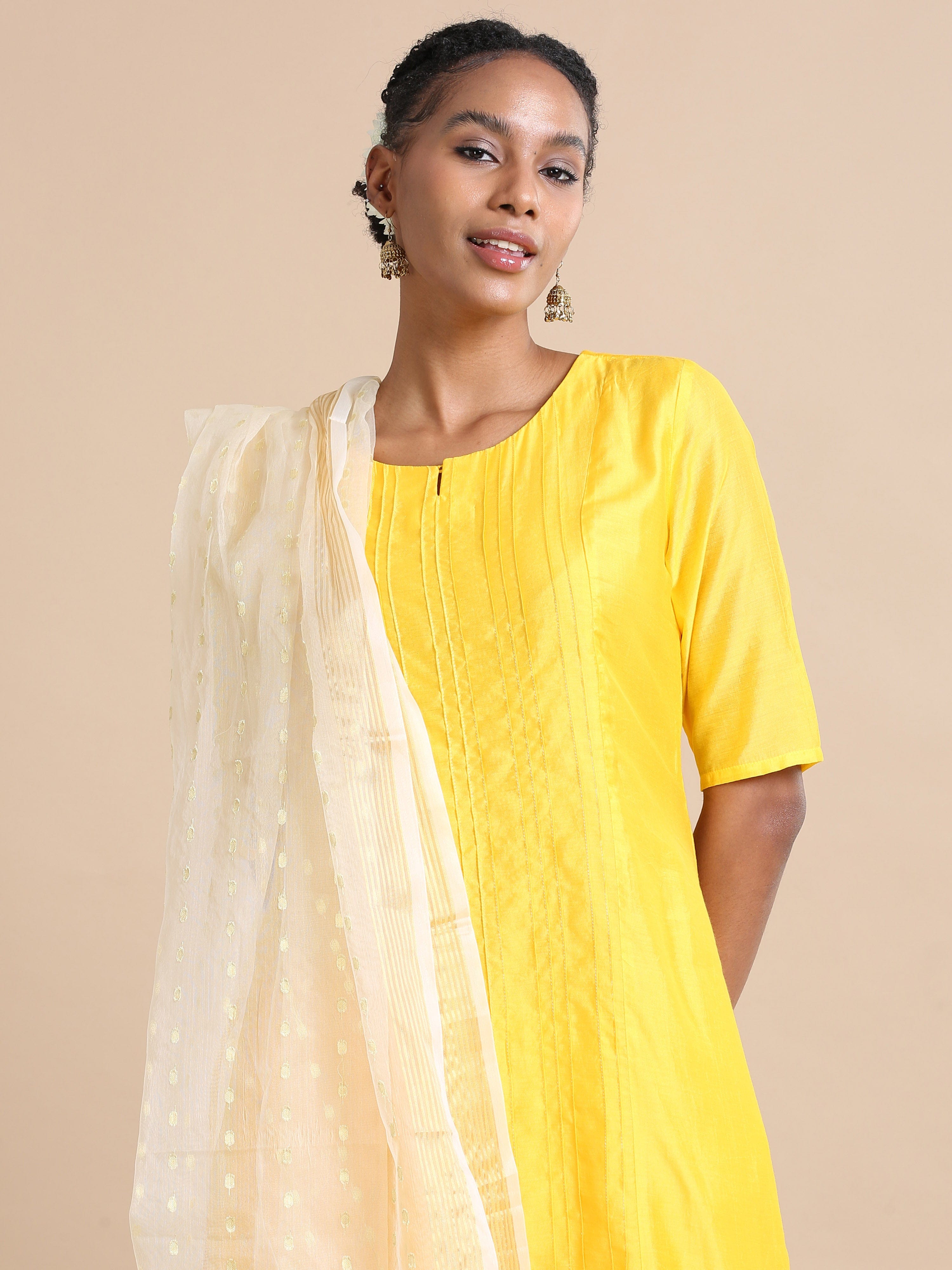 Sunshine Elbow sleeves Cotton silk Thread work Regular fit Calf length Kurta Set - With Dupatta