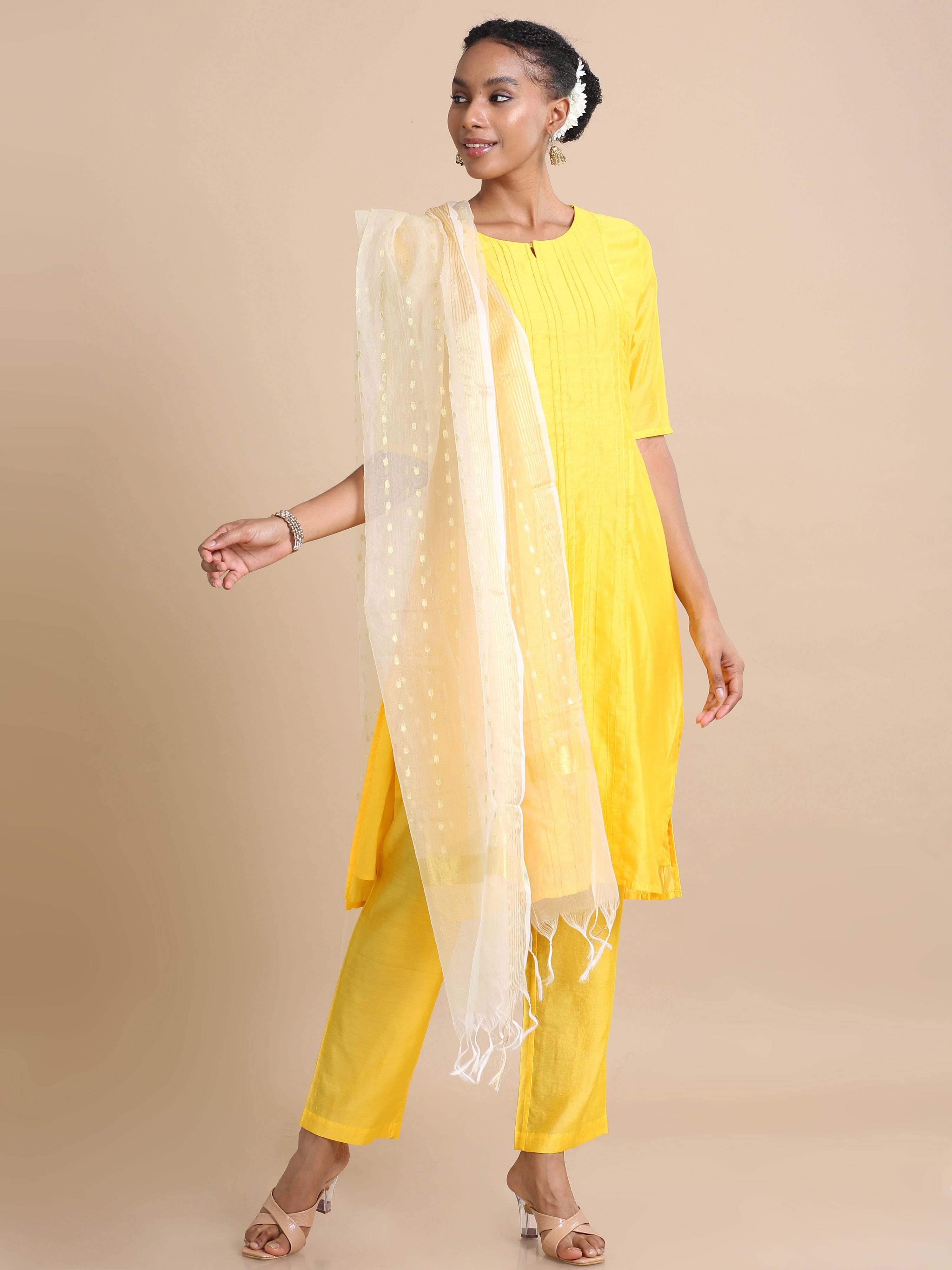 Sunshine Elbow sleeves Cotton silk Thread work Regular fit Calf length Kurta Set - With Dupatta