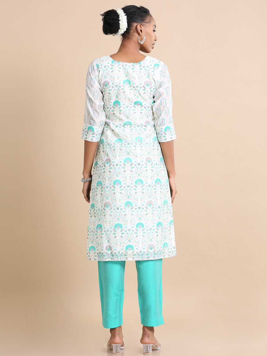 Green 3/4th sleeves Chanderi Floral print Regular fit Calf length Kurta Set - With Dupatta