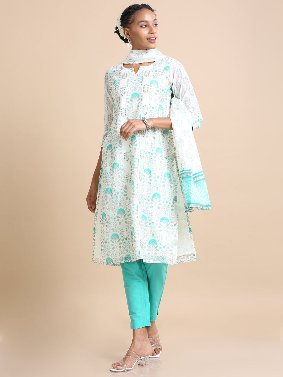 Green 3/4th sleeves Chanderi Floral print Regular fit Calf length Kurta Set - With Dupatta