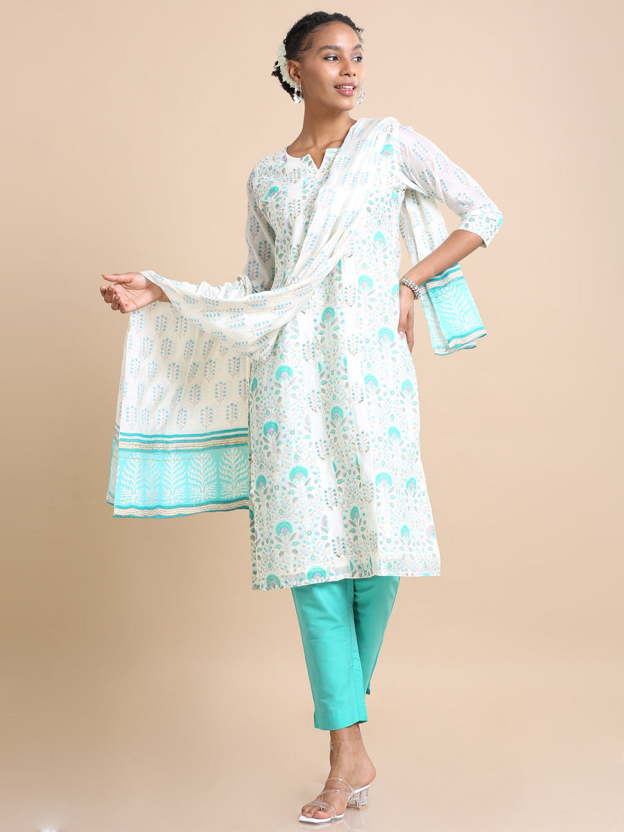 Green 3/4th sleeves Chanderi Floral print Regular fit Calf length Kurta Set - With Dupatta