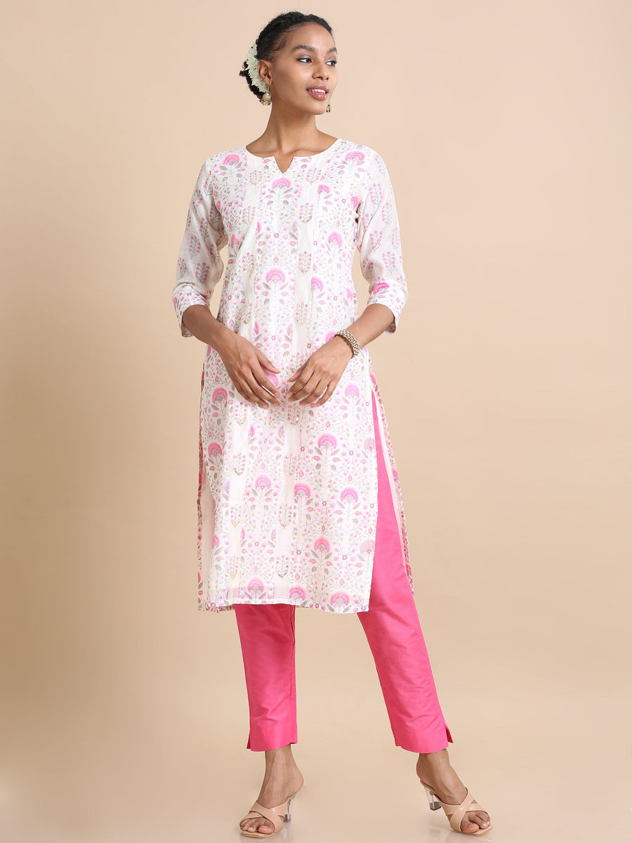 Pink 3/4th sleeves Chanderi Floral print Regular fit Calf length Kurta Set - With Dupatta