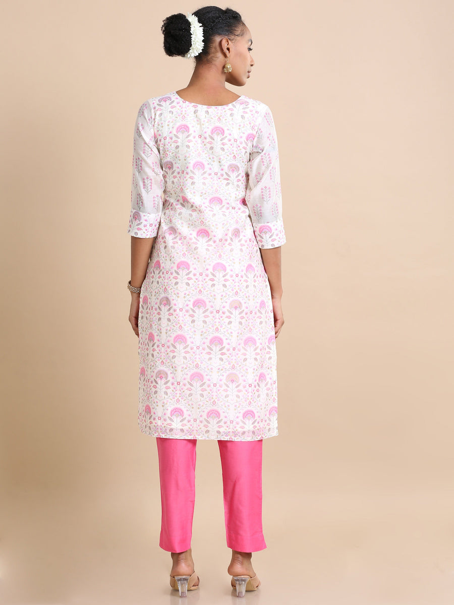 Pink 3/4th sleeves Chanderi Floral print Regular fit Calf length Kurta Set - With Dupatta