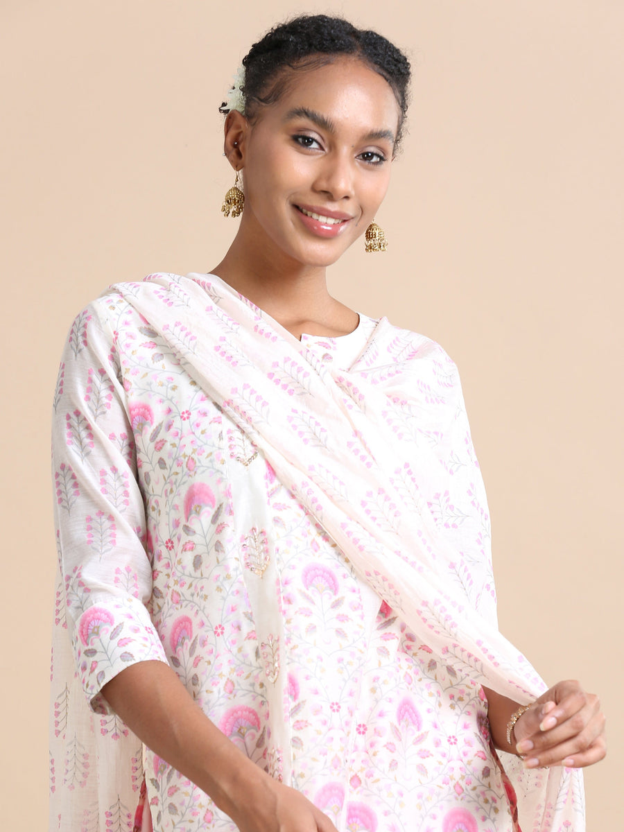 Pink 3/4th sleeves Chanderi Floral print Regular fit Calf length Kurta Set - With Dupatta