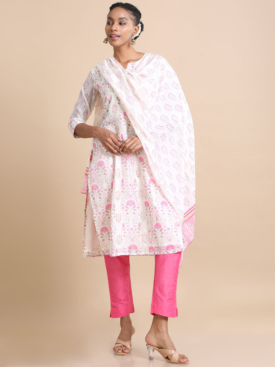 Pink 3/4th sleeves Chanderi Floral print Regular fit Calf length Kurta Set - With Dupatta