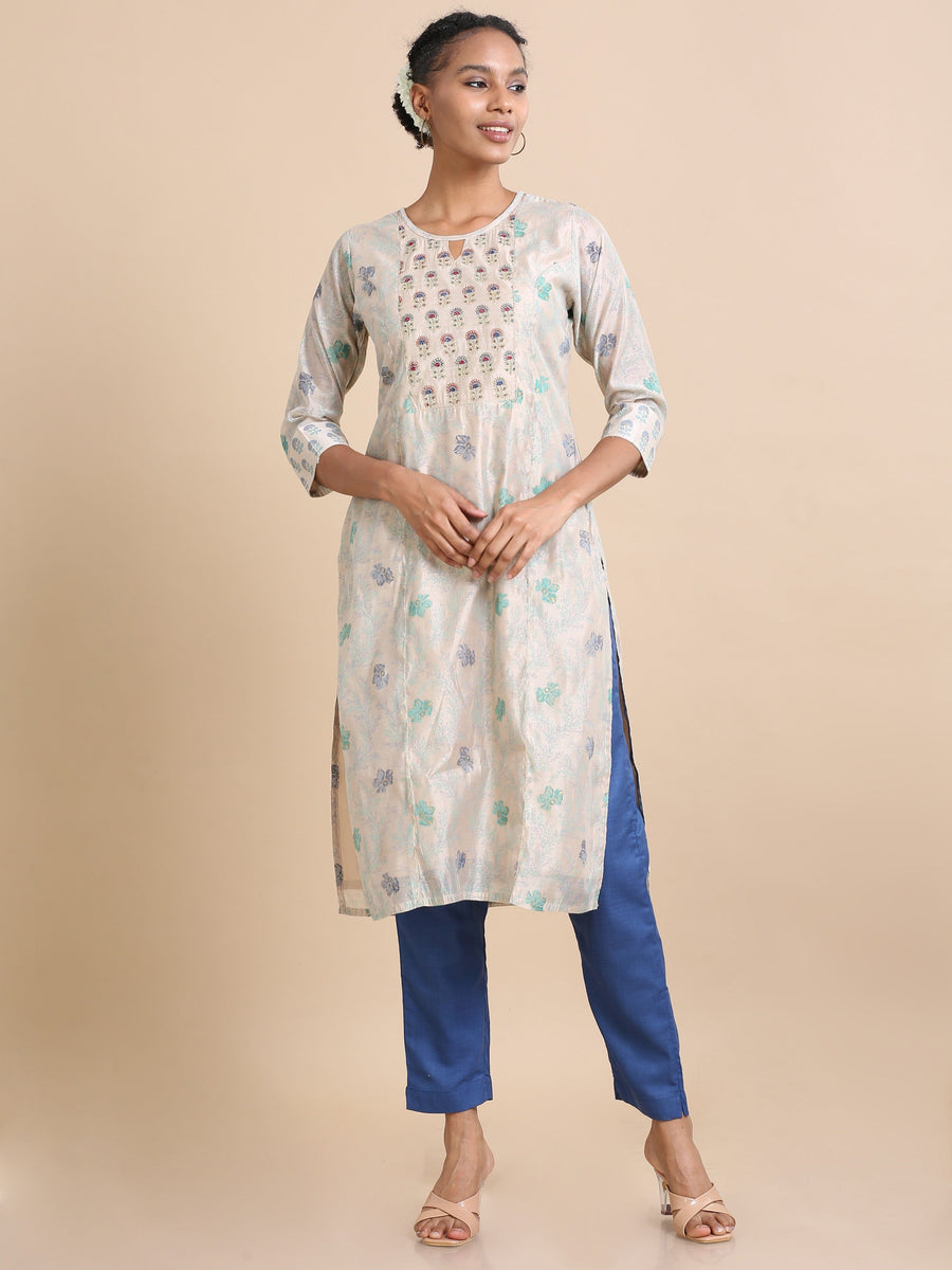 Khaki 3/4th sleeves Cotton silk Floral print Regular fit Calf length Kurta Set - With Dupatta