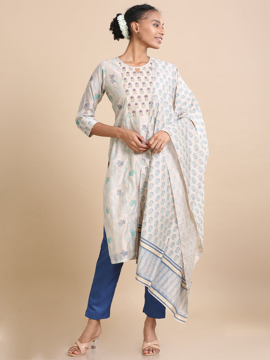 Khaki 3/4th sleeves Cotton silk Floral print Regular fit Calf length Kurta Set - With Dupatta