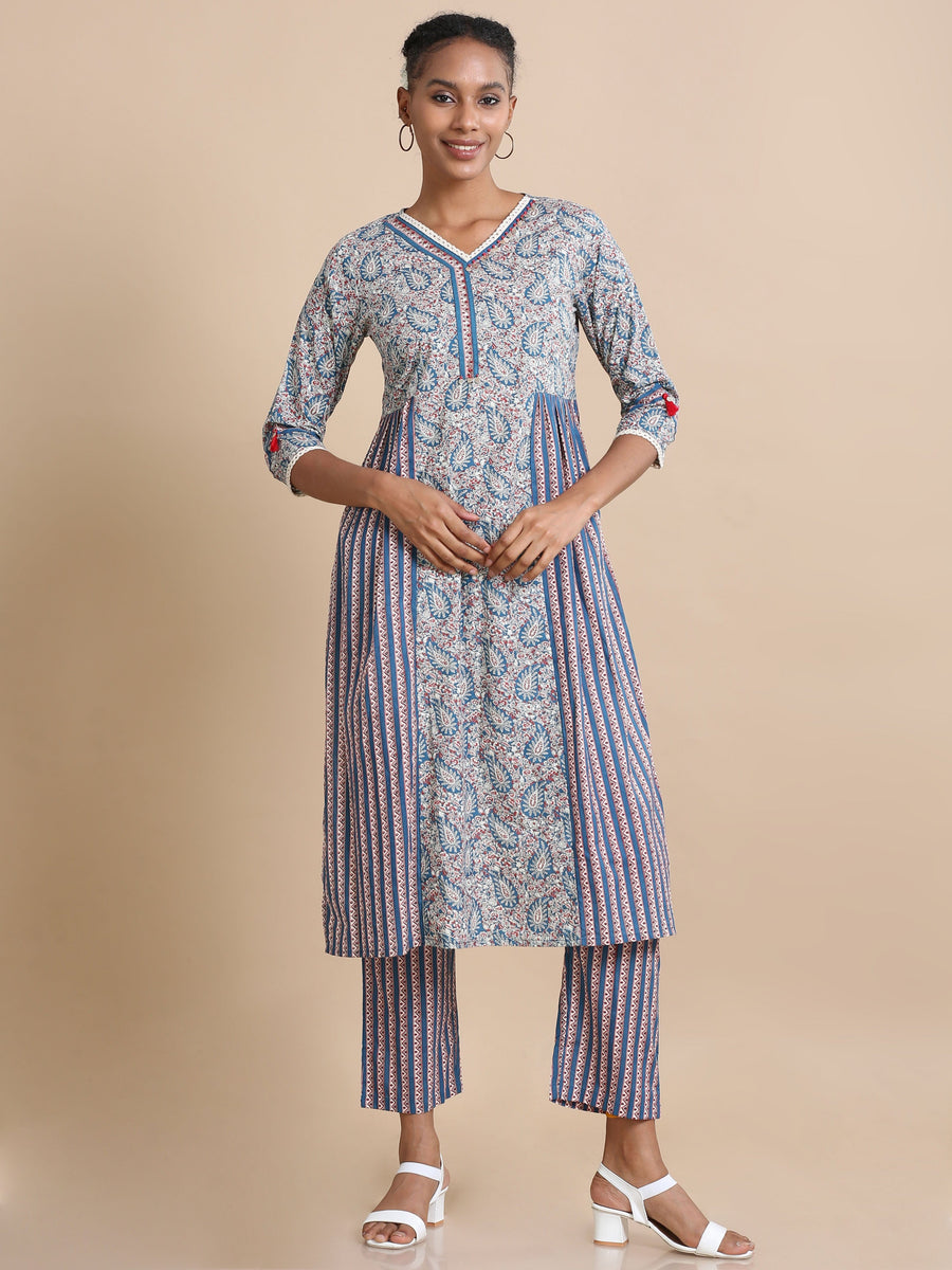 Blue 3/4th sleeves Cotton Floral print, embellishments Regular fit Calf length Kurta Set - With Dupatta