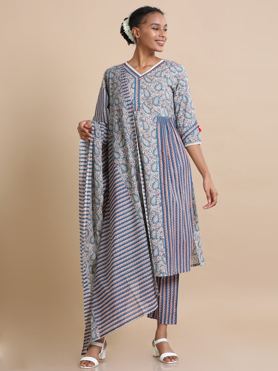 Blue 3/4th sleeves Cotton Floral print, embellishments Regular fit Calf length Kurta Set - With Dupatta