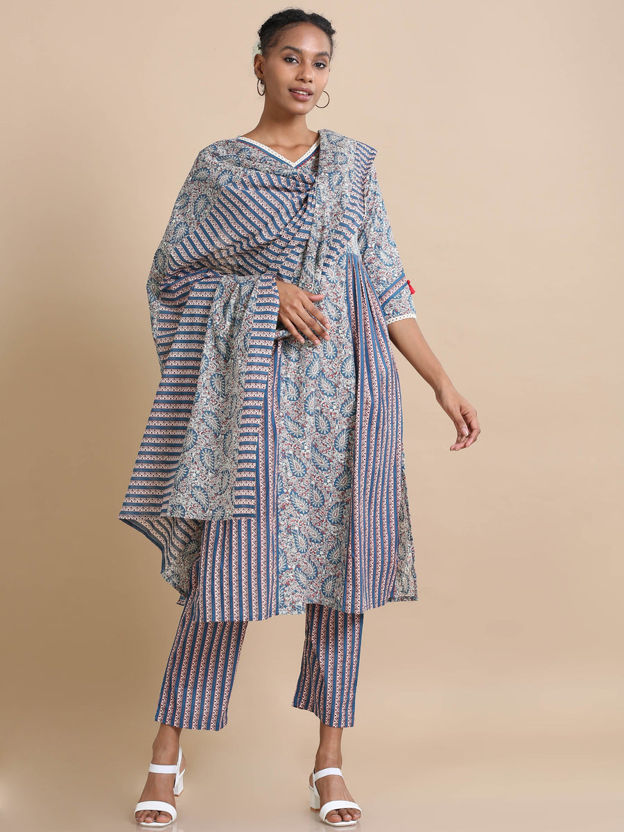 Blue 3/4th sleeves Cotton Floral print, embellishments Regular fit Calf length Kurta Set - With Dupatta