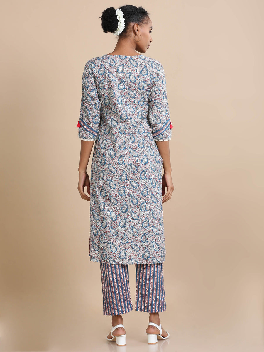 Blue 3/4th sleeves Cotton Floral print, embellishments Regular fit Calf length Kurta Set - With Dupatta