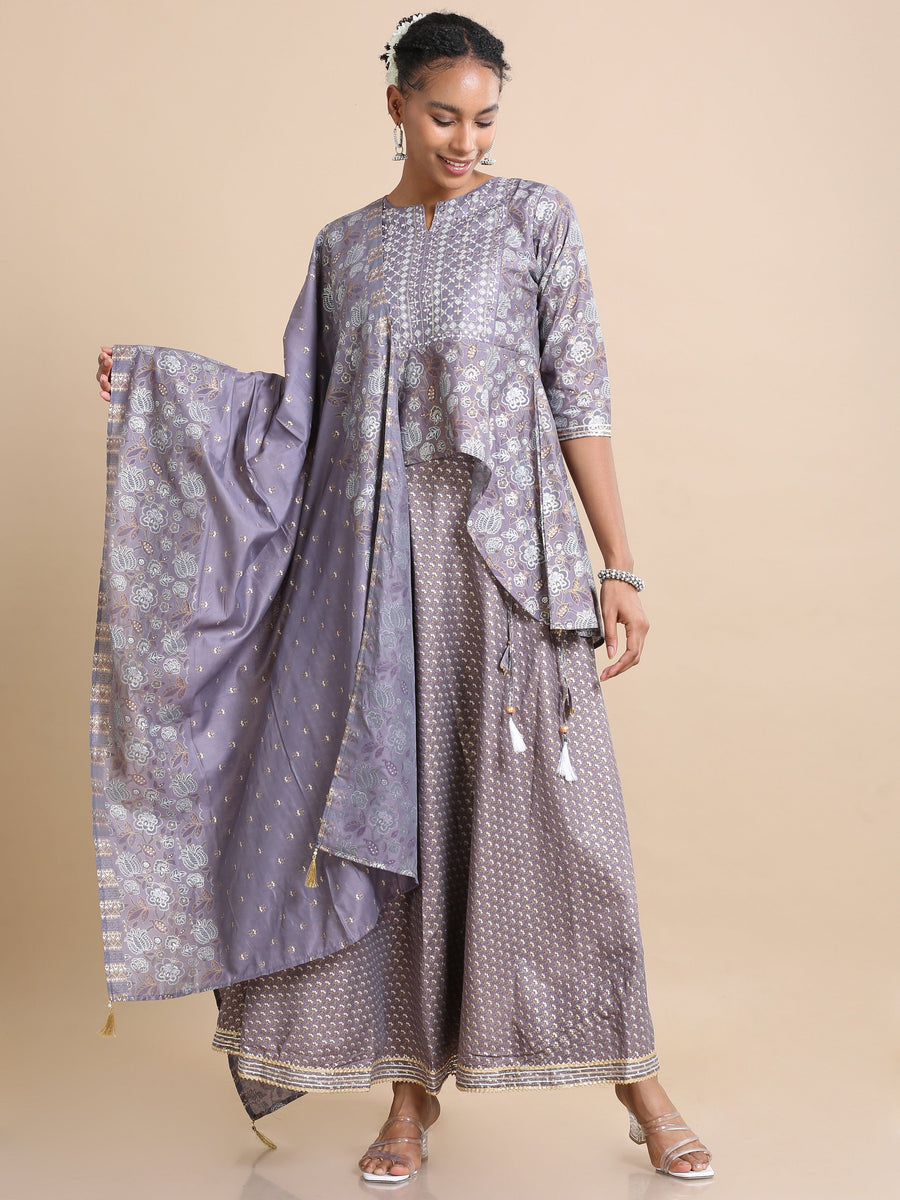 Purple 3/4th sleeves Chanderi Mica print, mirror work, thread work Regular fit Hip length Kurta Set - With Dupatta