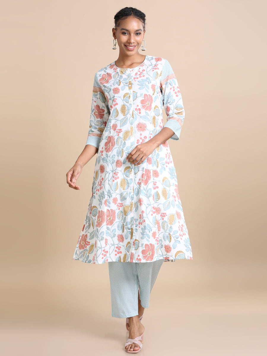 White 3/4th sleeves Cotton Floral print Regular fit Calf length Kurta Set - With Dupatta