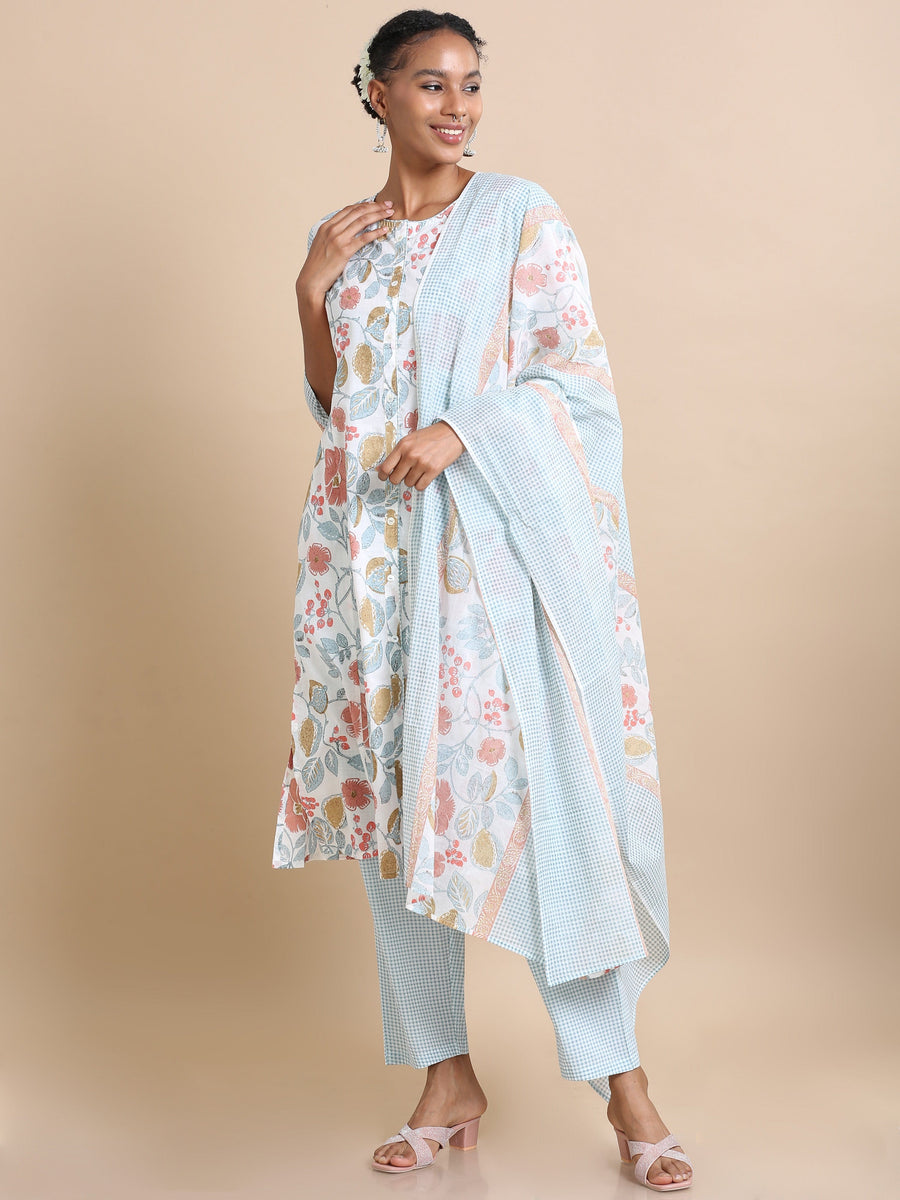 White 3/4th sleeves Cotton Floral print Regular fit Calf length Kurta Set - With Dupatta