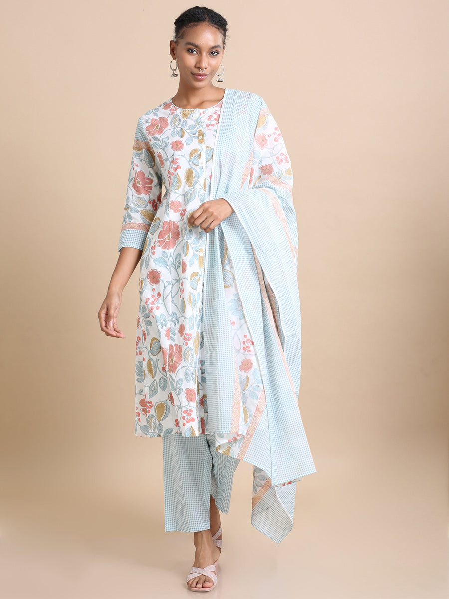 White 3/4th sleeves Cotton Floral print Regular fit Calf length Kurta Set - With Dupatta