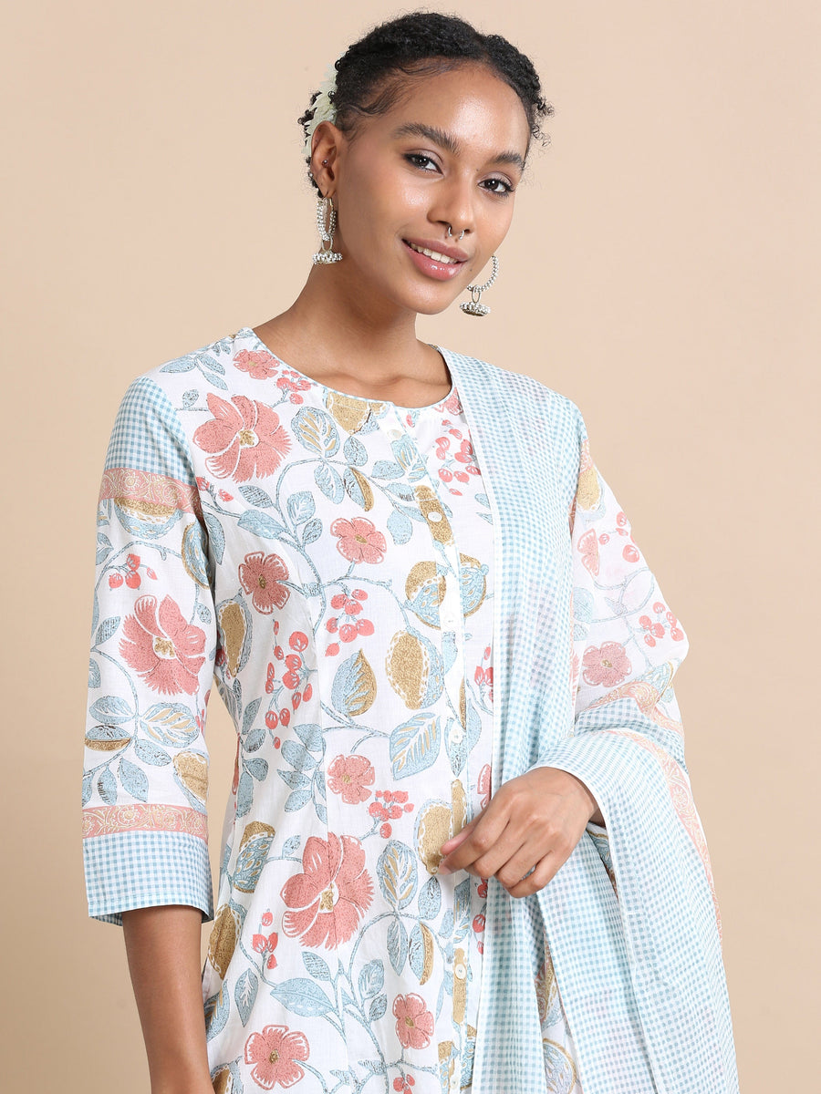 White 3/4th sleeves Cotton Floral print Regular fit Calf length Kurta Set - With Dupatta