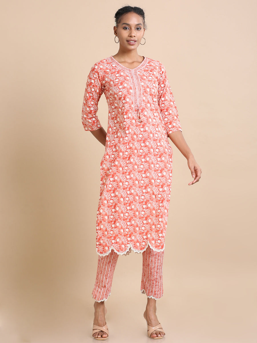 Brick 3/4th sleeves Cotton Floral print Regular fit Calf length Kurta Set - With Dupatta