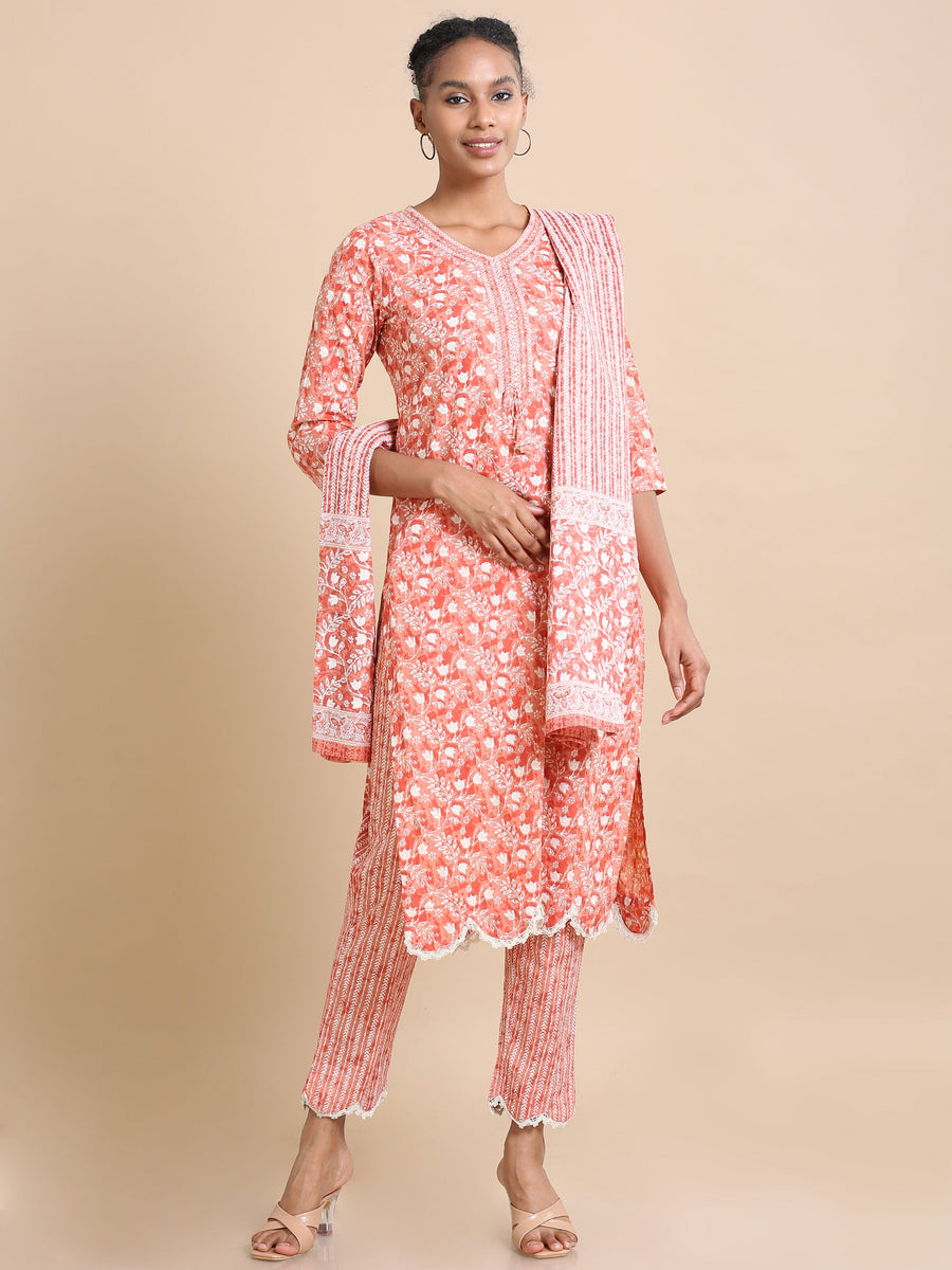 Brick 3/4th sleeves Cotton Floral print Regular fit Calf length Kurta Set - With Dupatta