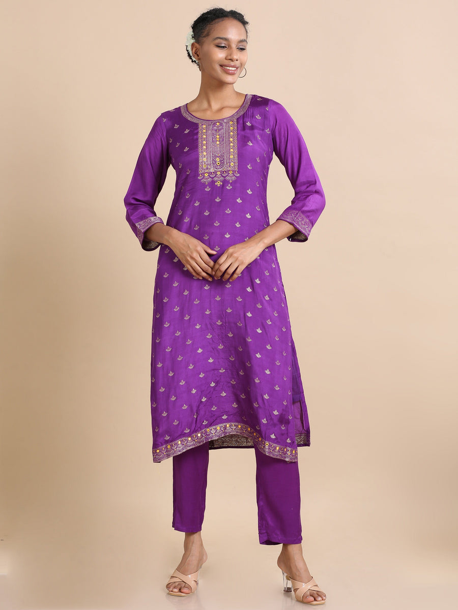 Purple Full sleeves Banaras silk Banaras Regular fit Calf length Kurta Set - With Dupatta