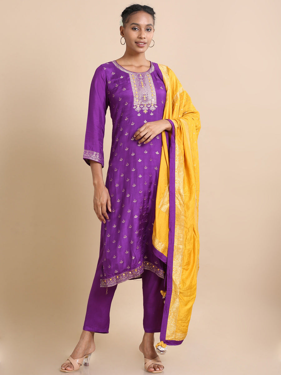 Purple Full sleeves Banaras silk Banaras Regular fit Calf length Kurta Set - With Dupatta