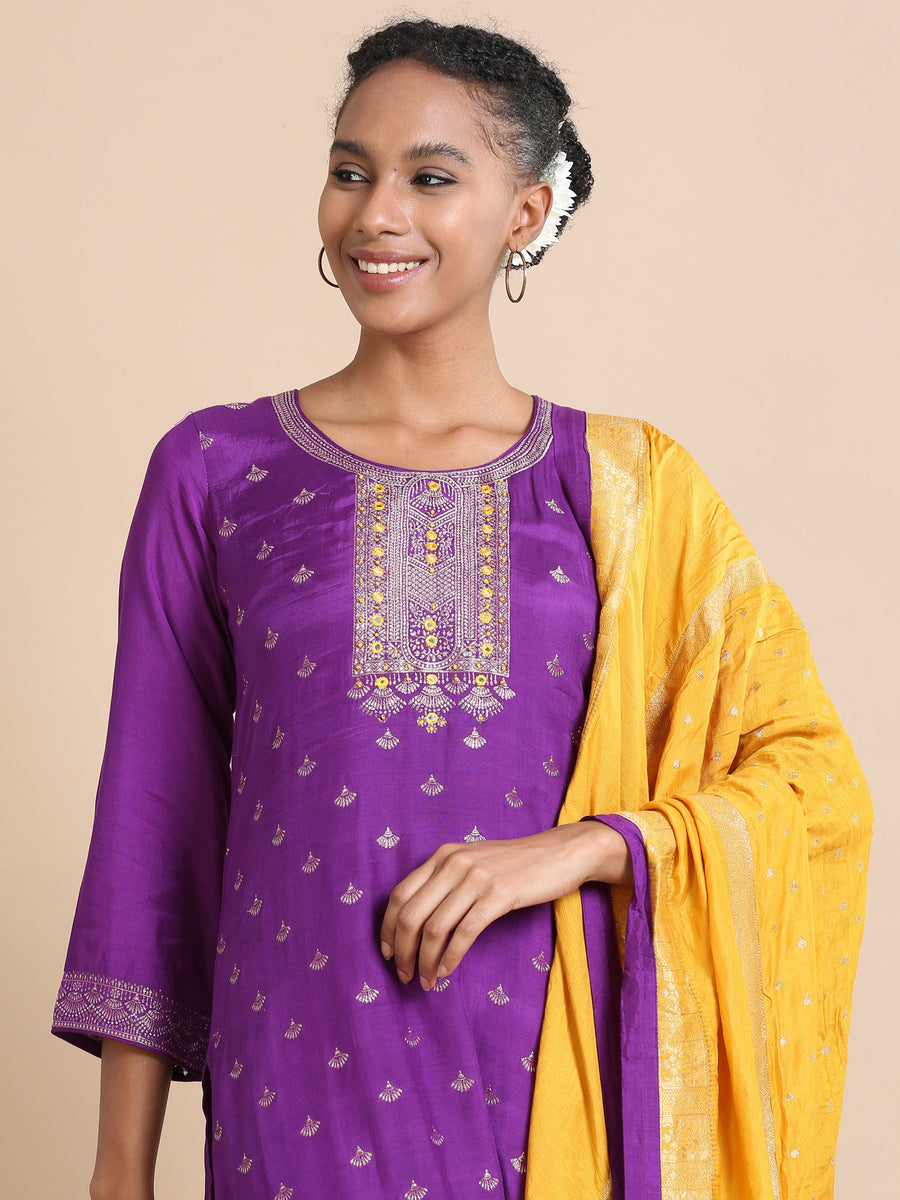 Purple Full sleeves Banaras silk Banaras Regular fit Calf length Kurta Set - With Dupatta