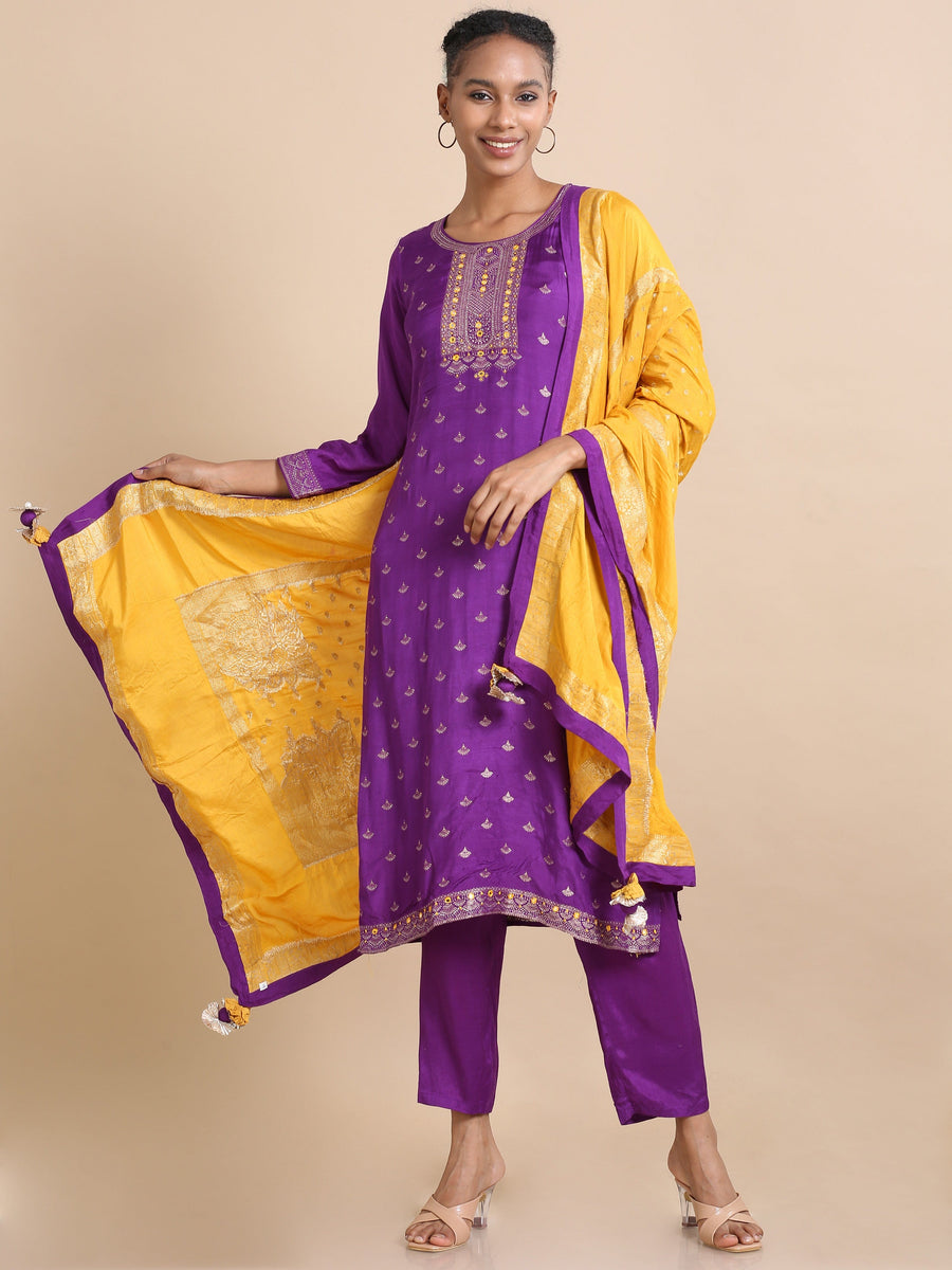 Purple Full sleeves Banaras silk Banaras Regular fit Calf length Kurta Set - With Dupatta