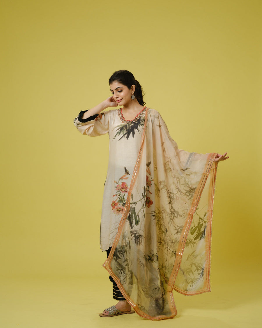 Cream 3/4th Sleeves Cotton Silk Digital Floral Print, Sequin Work Calf Length Kurta Set - With Dupatta