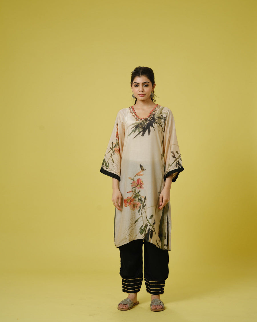 Cream 3/4th Sleeves Cotton Silk Digital Floral Print, Sequin Work Calf Length Kurta Set - With Dupatta